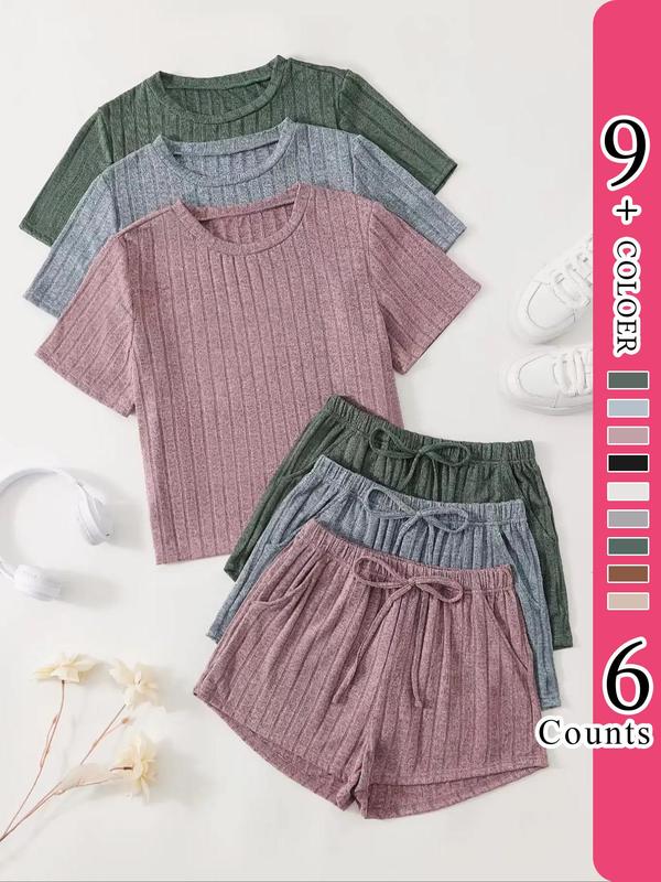 Women's Plain Round Neck Tee & Knot Front Elastic Waist Shorts with Pocket Loungewear Set, Summer Wear 2024, Casual Soft Back To School Pyjama Set for Daily Home Wear, Ladies Summer Sleepwear Set, Summer Clothes