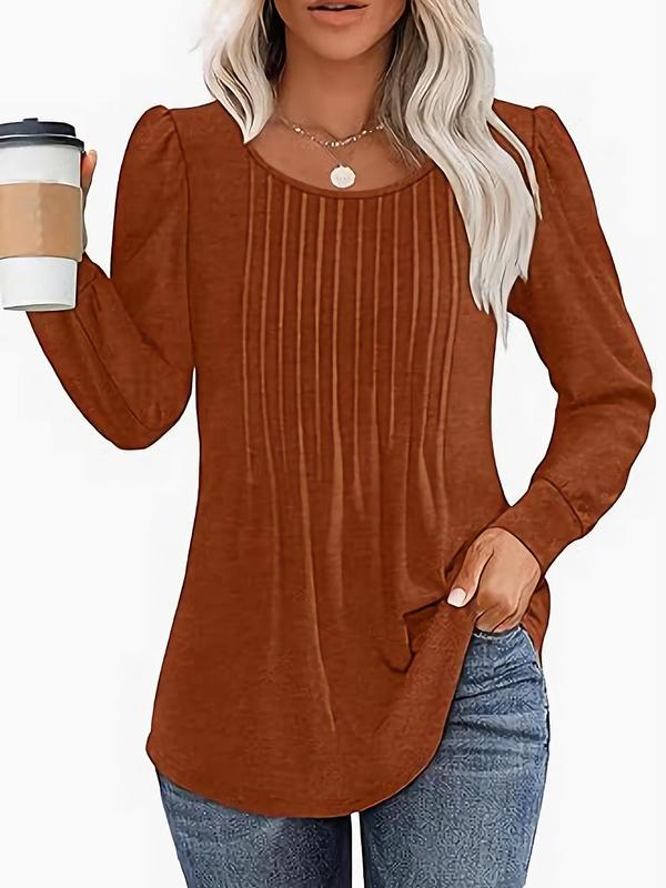 Women's Plain Pleated Bishop Sleeve Sweater, Casual Long Sleeve Round Neck Jumper for Fall & Winter, Fashion Ladies' Knitwear for Daily Wear