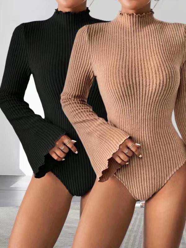 Women's Solid Flounce Sleeve Mock Neck Bodysuit, Casual Long Sleeve Bodysuit for Fall & Winter, Women's Clothes for Daily Wear