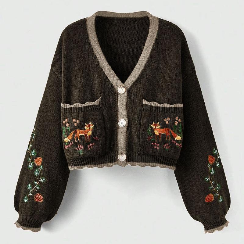 ROMWE Fairycore Flower&Fox Embroidery Patchwork Border Cardigan