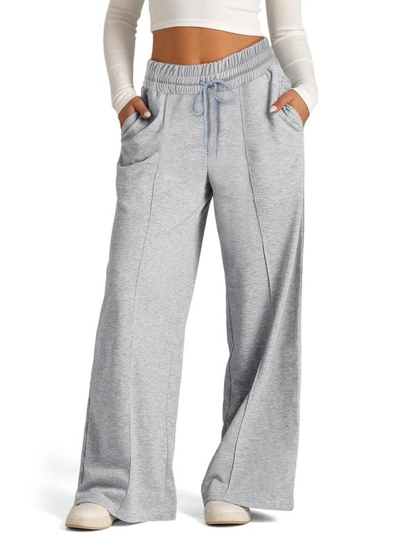 Women's Solid Drawstring Waist Wide Leg Sweatpants, Casual Pocket Trousers for Fall & Winter, Women's Bottoms for Daily Wear