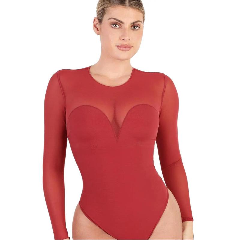 Popilush Sheer Mesh Long Sleeve Thong Shapewear Bodysuit PSA