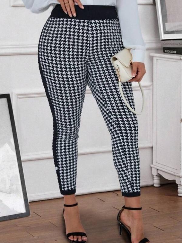  Houndstooth Print Side Stripe Button Leggings, Casual Comfy Skinny Pants for Daily Wear, Women's Bottoms for Spring & Fall