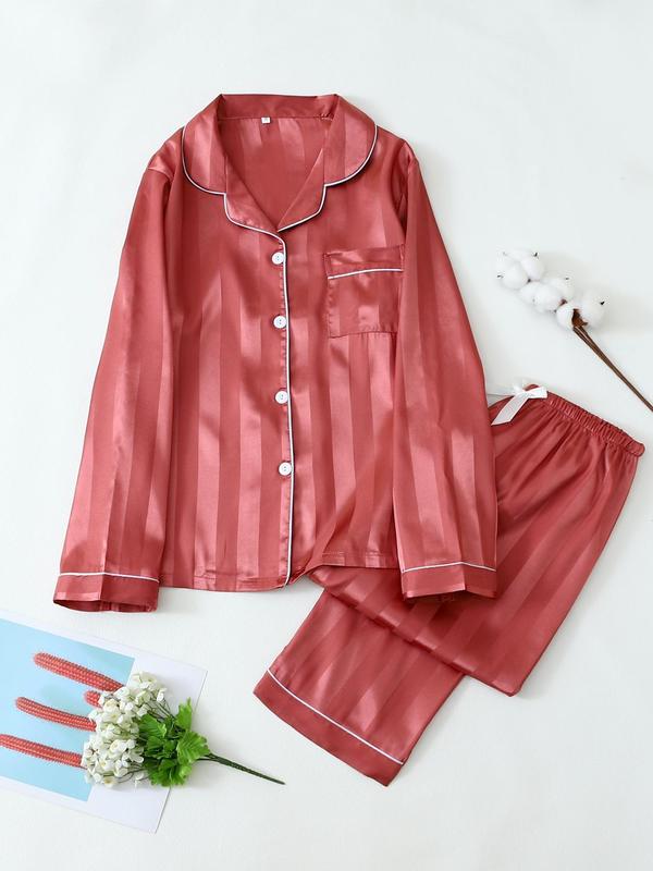 Two-piece Set Women's Plain Striped Print Lapel Neck Button Front Pajama, Long Sleeve Pocket Shirt & Elastic Waist Pants Pj Set, Women's Sleepwear for Spring & Fall