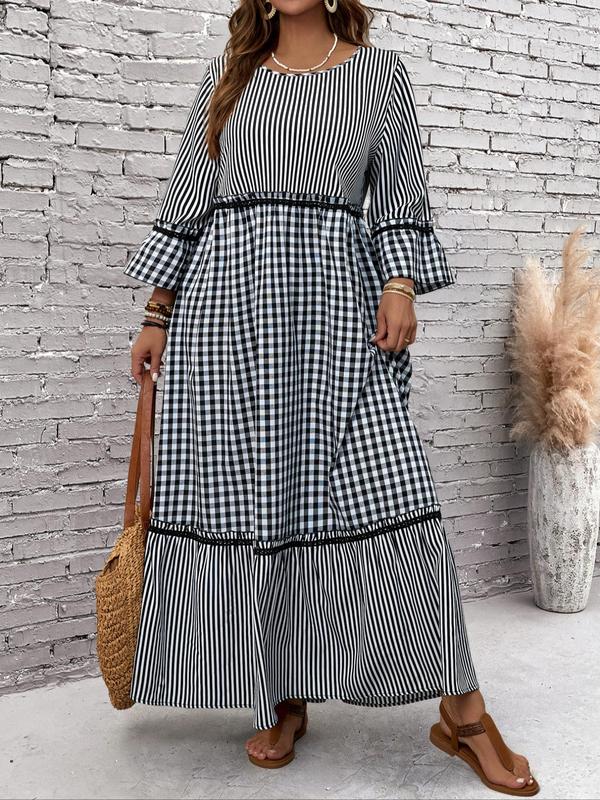  Women's Plaid & Striped Print Frill Trim Flounce Sleeve Dress, Elegant Long Sleeve Round Neck A Line Dress for Daily Outdoor Wear, Women's Clothing for All Seasons Moo Moo Dresses