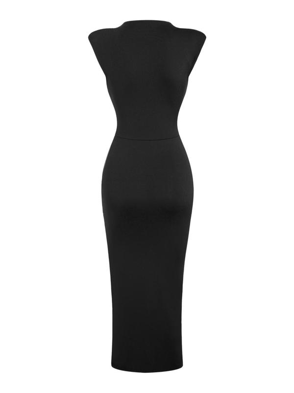 Women's Plain Ruched Split Hem Bodycon Dress, Elegant Fashion Deep V Neck Sleeveless Long Dress for Party Club Dating Wear, Ladies Dress for Summer