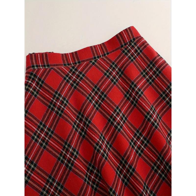 Elegant Women's Christmas Plaid A-Line Midi Skirt - Polyester, Machine Washable, Non-Sheer for Fall Winter