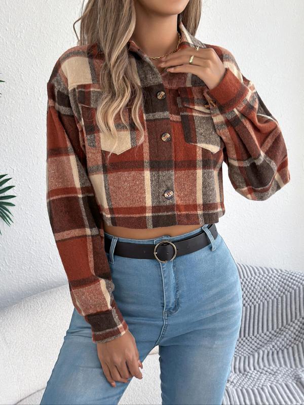 Women's Plaid Print Button Front Drop Shoulder Crop Jacket, Casual Long Sleeve Pocket Collared Outerwear for Fall & Winter, Ladies Clothes for Daily Wear