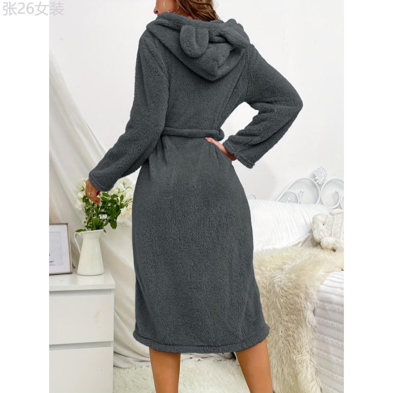 Solid Fuzzy Hooded Night Robe, Cute Long Sleeve Robe With Pockets & Belt, Women's Sleepwear