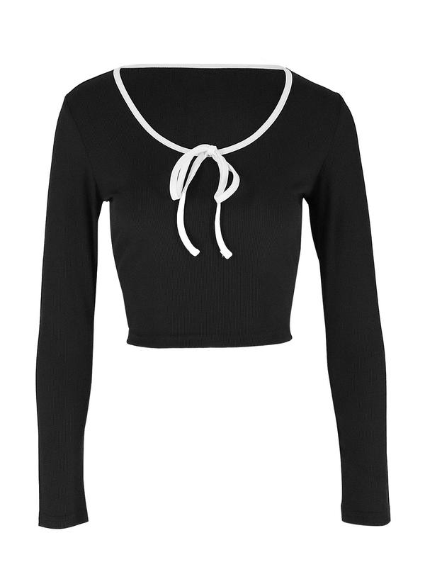 Women's Contrast Binding Tie Front Crop Tee, Casual Long Sleeve U Neck T-shirt for Fall & Winter, Women's Clothing for Daily Wear