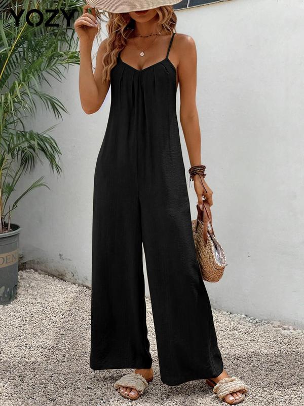 YOZY [5 Colors] Boho V Neck Pocket Wide Leg Jumpsuit  Plain Plicated Cami Jumpsuit, 2024 Women's Summer Outfits for Daily Wear