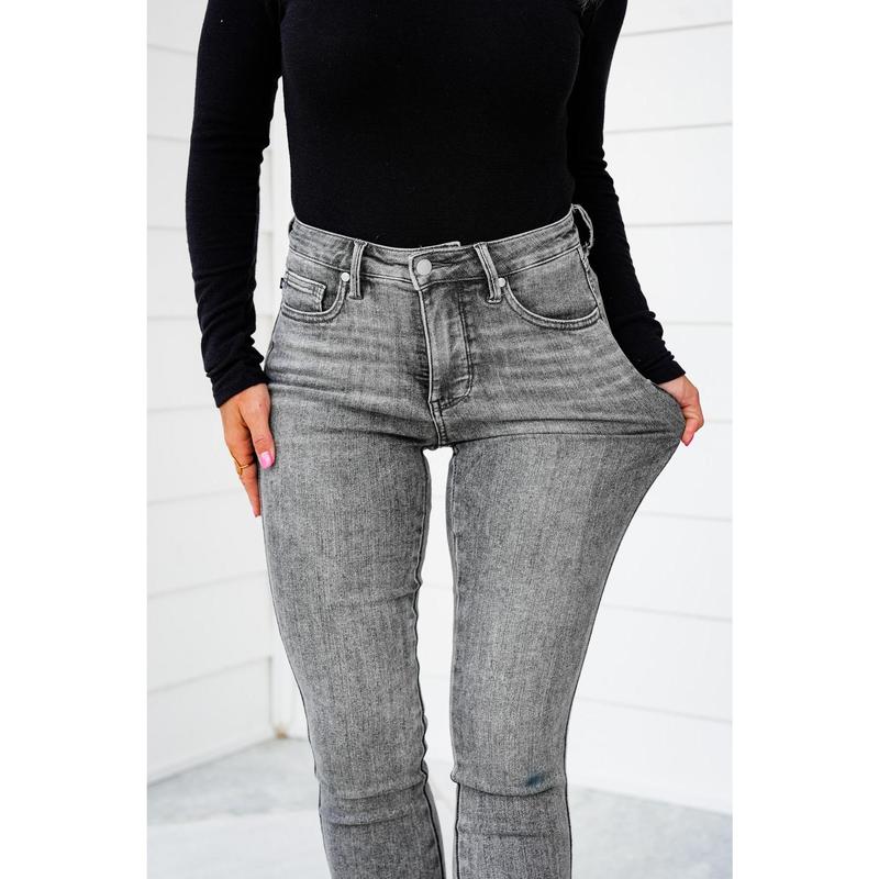 Judy Blue Smoke Show Mid Rise Grey Tummy Control Skinny Jeans with Shield Pockets