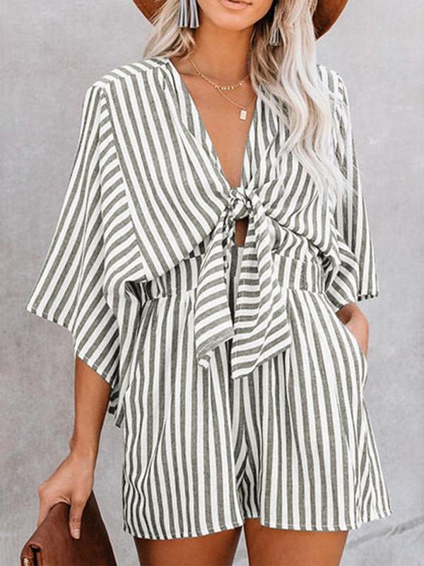 Women's Striped Print Knot Front Romper, Casual Batwing Sleeve Pocket Jumpsuit, Ladies Clothes for Summer Daily Wear Back to School