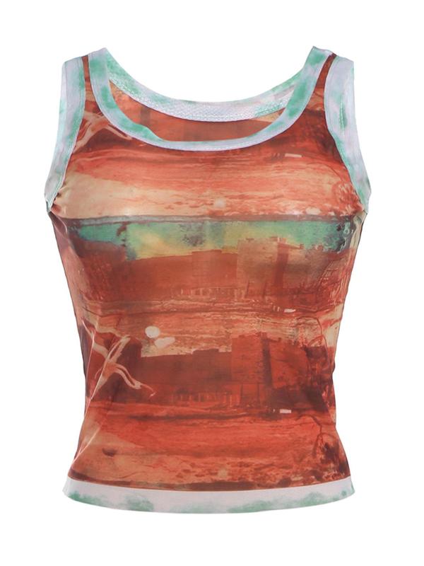 Women's Landscape Print Contrast Binding Crop Tank Top, Street Fashion Casual Sleeveless Round Neck Top for Daily Outdoor Wear, Ladies Clothes for Summer