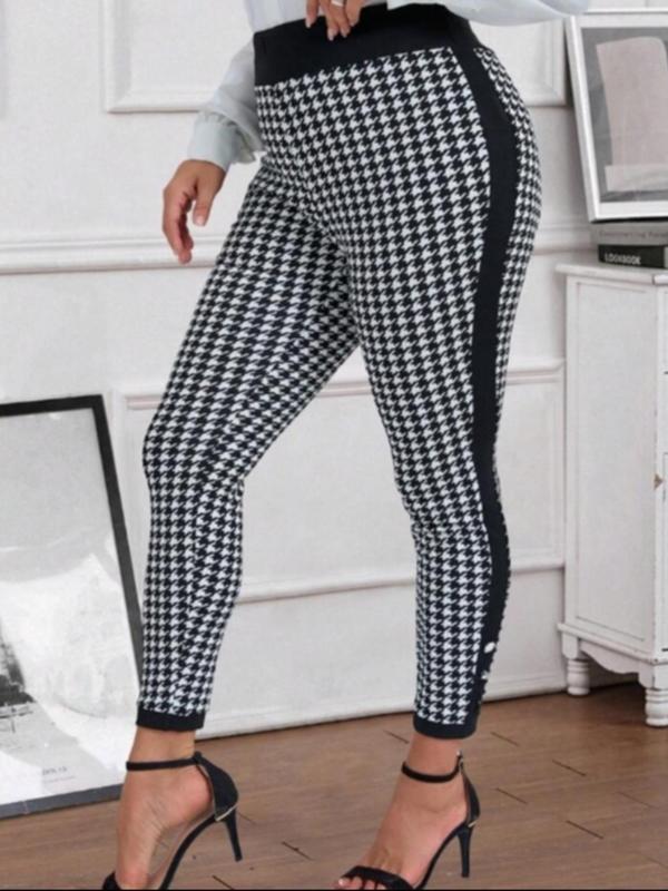  Houndstooth Print Side Stripe Button Leggings, Casual Comfy Skinny Pants for Daily Wear, Women's Bottoms for Spring & Fall