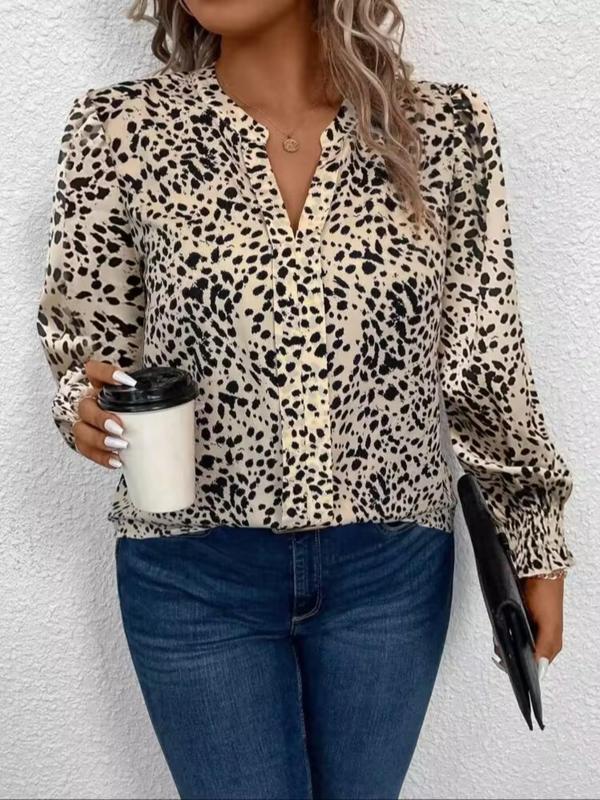  All Over Print Frill Trim Shirred Notched Blouse, Casual Bishop Sleeve Top for Fall & Winter, Women's Clothes for Daily Wear