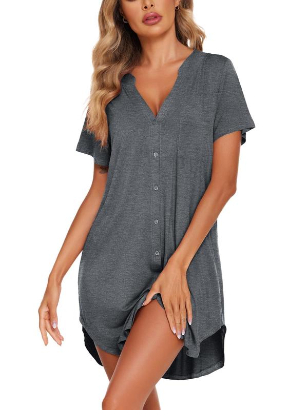 Women's Stars Print Button Front V Neck Nightdress, Casual Comfy Short Sleeve Nightgown for Daily Home Wear, Ladies Sleepwear for All Seasons