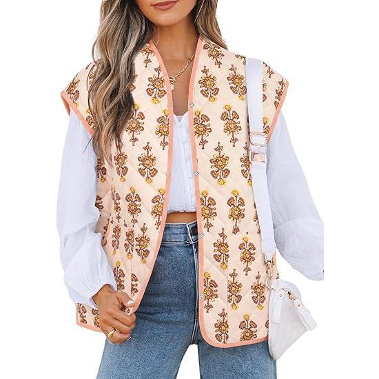 MEROKEETY Cap Sleeve Quilted Vest Floral Print Lightweight Sleeveless Open Front Cardigan Outwear