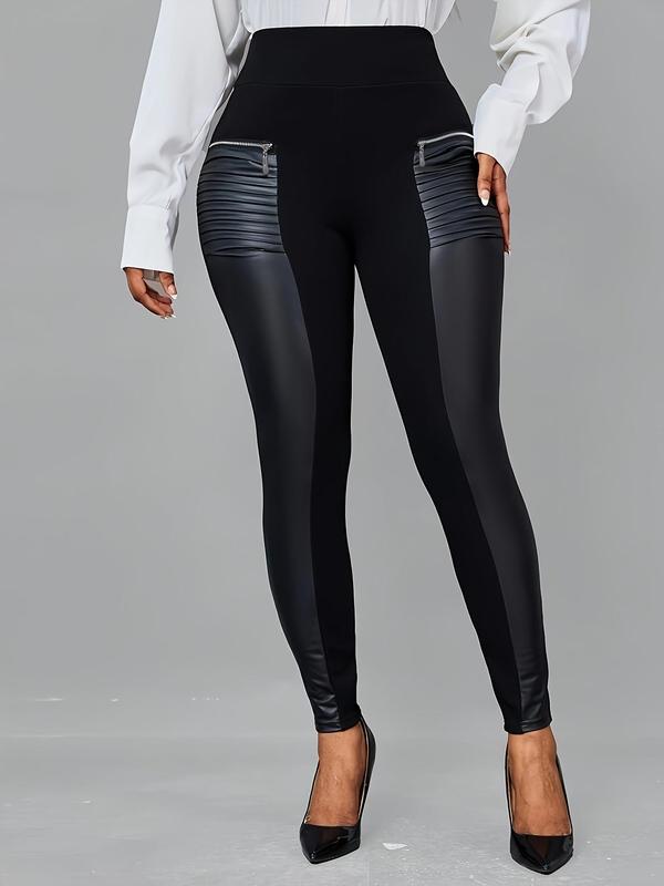 Women's Solid High Waist Faux Leather Leggings, Casual Comfy Skinny Pants for Daily Wear, Ladies Bottoms for Fall & Winter