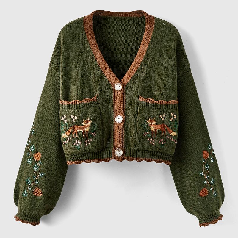 ROMWE Fairycore Flower&Fox Embroidery Patchwork Border Cardigan