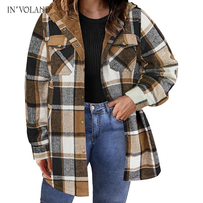 Holiday haul IN'VOLAND Plus Size Women Flannel Plaid Shacket Jacket Long Sleeve Button Down Fleece Hooded Jackets Fall Winter Coat Casual Cotton Fabric Womenswear Basic Bodycon