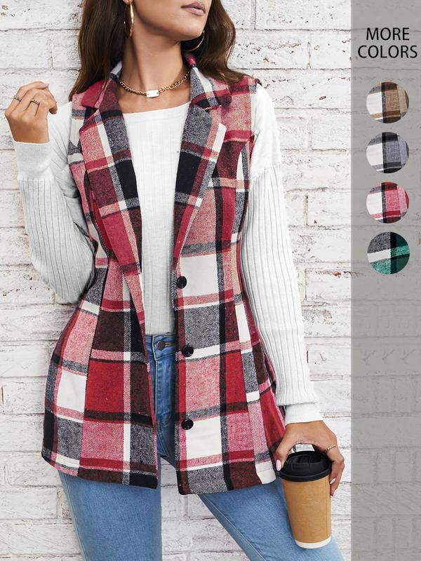 Women's Plaid Print Button Front Vest Coat, Elegant Womenswear Lapel Neck Sleeveless Outerwear, Comfortable Graphic Jackets, Lady Casual Wear Outfit, Winter Clothes Women