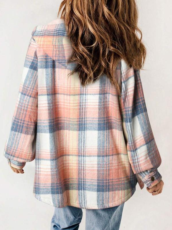 Women's Plaid Print Button Front Drop Shoulder Jacket, Casual Long Sleeve Collared Pocket Outerwear for Fall & Winter, Ladies Clothes for Daily Wear Coats