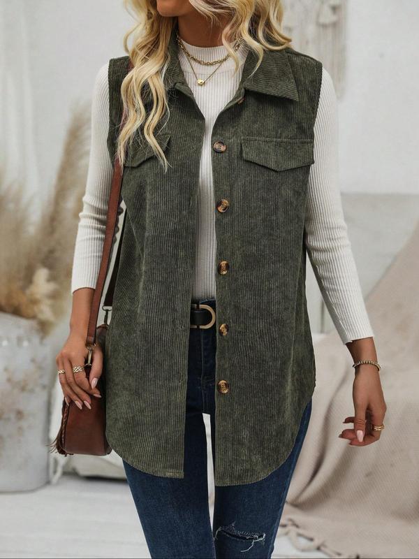 Women's Solid Button Front Corduroy Vest, Casual Fake Pocket Decor Sleeveless Collared Outerwear for Daily Wear, Ladies Clothes for All Seasons