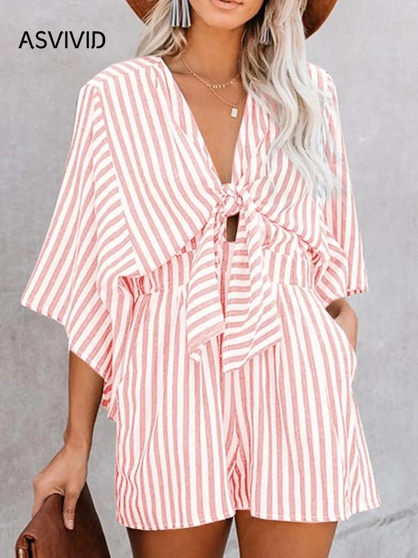 Women's Striped Print Knot Front Romper, Casual Batwing Sleeve Pocket Jumpsuit, Ladies Clothes for Summer Daily Wear Back to School