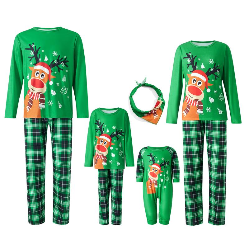 Christmas Pajamas for Family, Long Sleeve Deer Tops + Plaid Pants Set for Adults, Kid, Baby, Dog