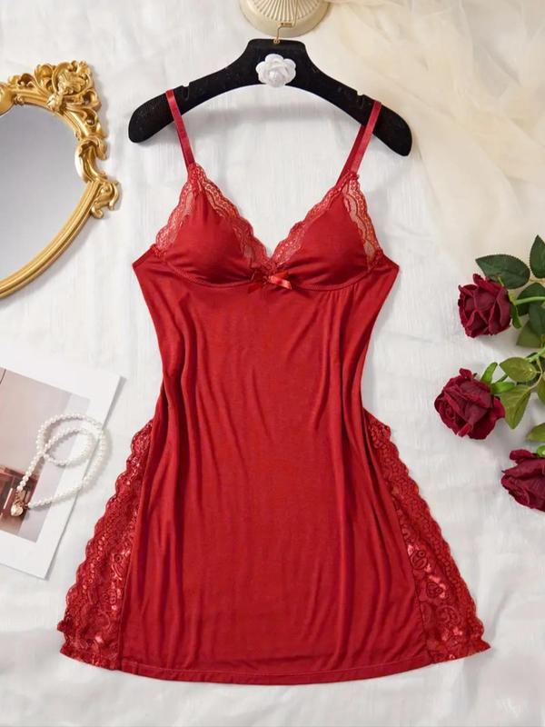 Women's Contrast Lace Hem Cami Nightdress & Sheer Bra & Panty Sexy Three-piece Set, Adjustable Spaghetti Strap Split Hem Nightgown & Bow Decor Bra & Open Crotch Panty Set, Women's Sleepwear for All Seasons