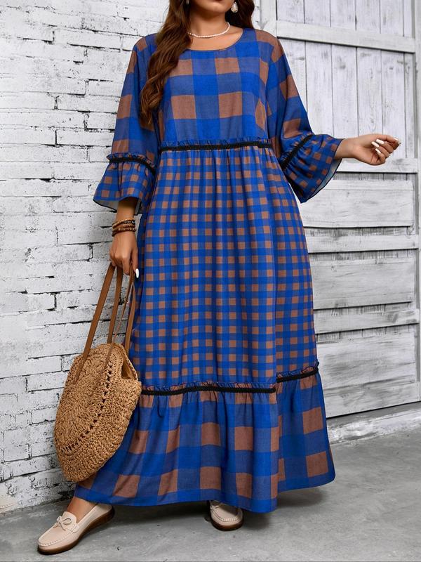  Women's Plaid & Striped Print Frill Trim Flounce Sleeve Dress, Elegant Long Sleeve Round Neck A Line Dress for Daily Outdoor Wear, Women's Clothing for All Seasons Moo Moo Dresses