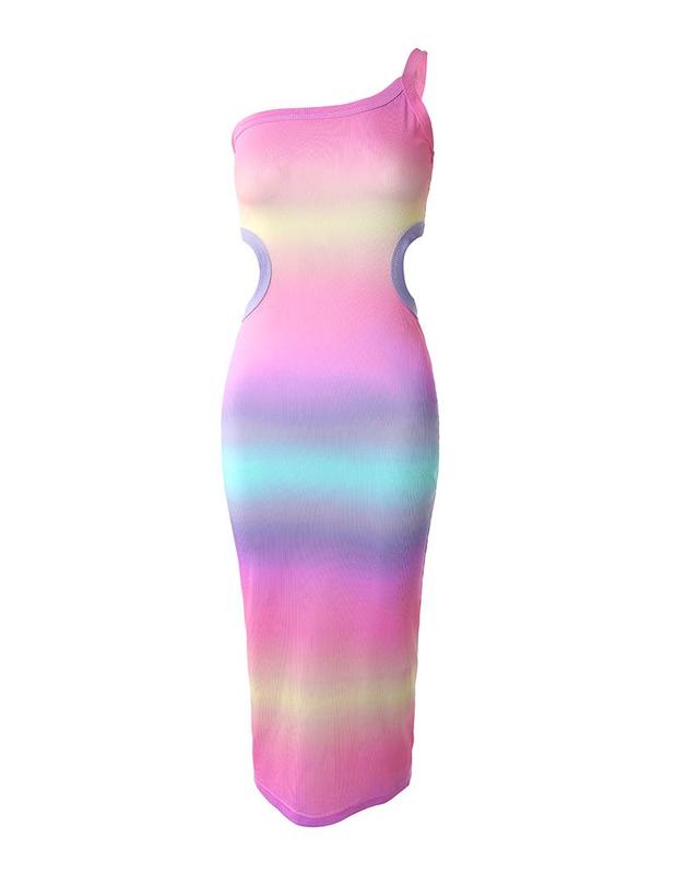 Chicme Ombre One Shoulder Cutout Ribbed Bodycon Dress pinkandblue dress yellow summer Satin Flutter Sleeve Wedding Guest Dress paris  hilton vma