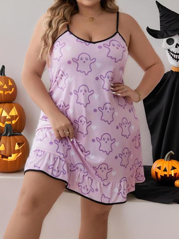  Contrast Binding Ruffle Hem Cami Nightdress, Cute Casual Halloween Themed Cartoon Ghost Print Spaghetti Strap Nightgown for All Seasons, Women's Plus Sleepwear for Daily Wear