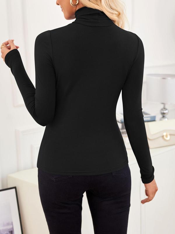 Women's Solid Long Sleeve High Neck Tee, Basic Casual Comfy T-shirt for Fall & Winter, Women's Clothing for Daily Wear