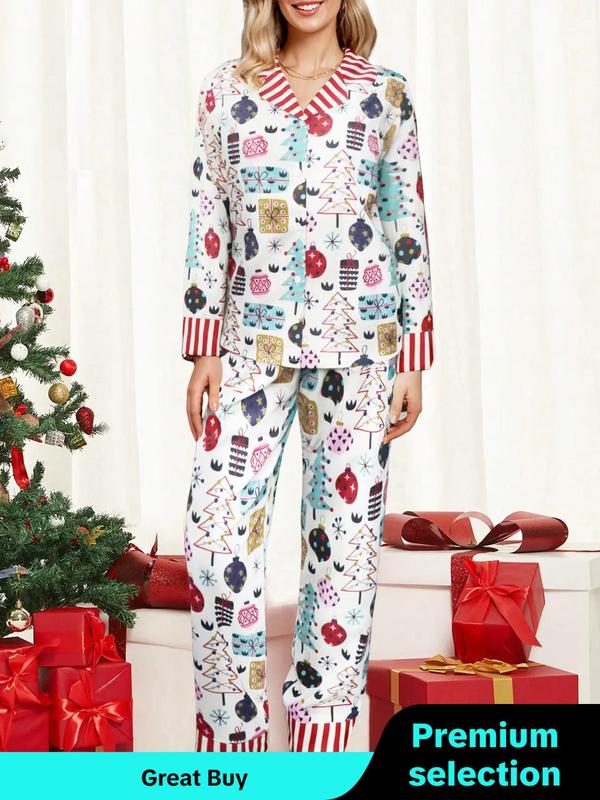 @ShopwithJulie Collection Women's Christmas Patchwork Print Lapel Neck Pajama, Casual Comfy Long Sleeve Button Up Top & Elastic Waist Pants PJ Set, Ladies Sleepwear for Spring & Fall, Pajama Pants at Gym