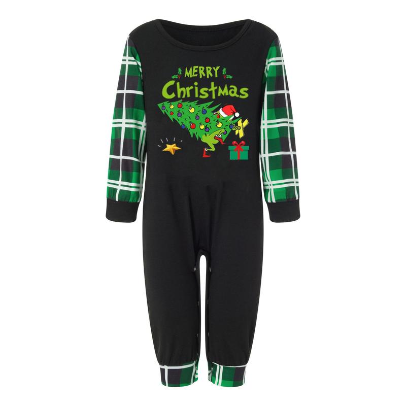 Green Christmas Pajamas for Family Funny Elf Stole Tree Print Long Sleeve Tops + Trousers Set Holiday Nightwear