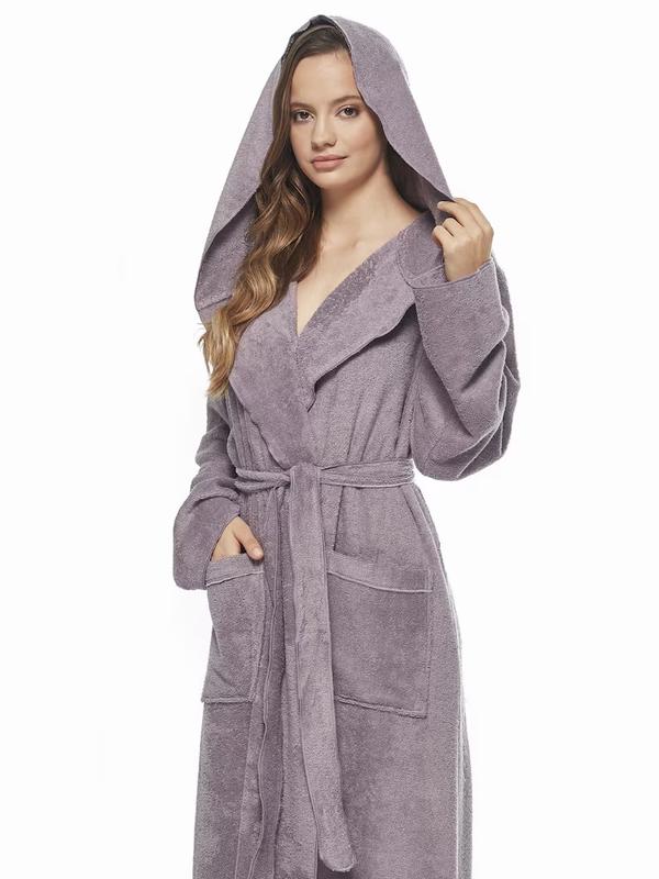 Cotton Terry Hooded Long Bathrobe S M L XL, Belt Fabric Womenswear Gowns Nightwear Sleeves Style Women