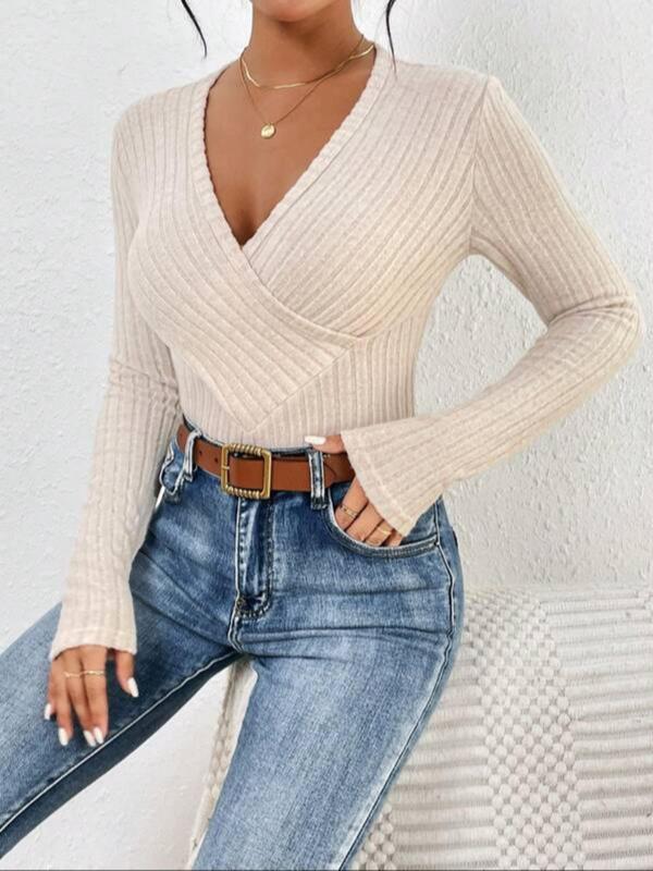 Women's Plain Wrap V Neck Ribbed Bodysuit, Casual Long Sleeve Bodysuit for Daily Wear, Ladies Clothes for Spring & Fall