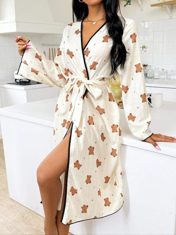 Women's Cartoon Bear Print Contrast Binding Belted Robe, Casual Long Sleeve Flounce Sleeve Open Front Robe, Ladies Sleepwear for All Seasons, Summer Wear 2024, Loungewear for Women