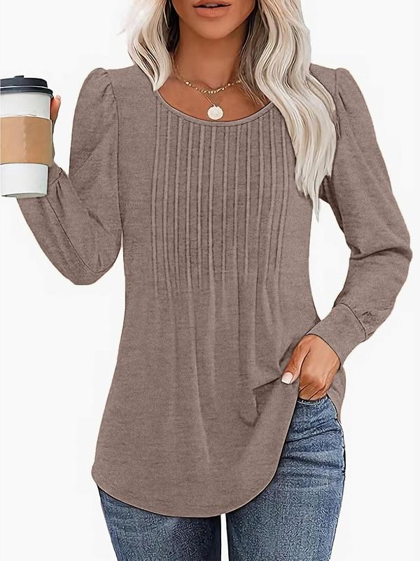 Women's Plain Pleated Bishop Sleeve Sweater, Casual Long Sleeve Round Neck Jumper for Fall & Winter, Fashion Ladies' Knitwear for Daily Wear