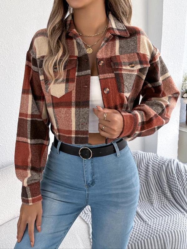 Women's Plaid Print Button Front Drop Shoulder Crop Jacket, Casual Long Sleeve Pocket Collared Outerwear for Fall & Winter, Ladies Clothes for Daily Wear