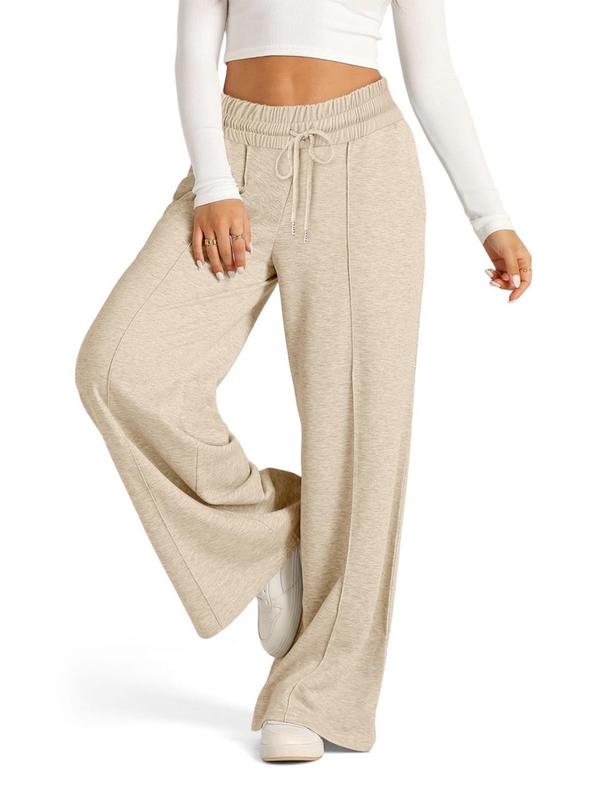 Women's Solid Drawstring Waist Wide Leg Sweatpants, Casual Pocket Trousers for Fall & Winter, Women's Bottoms for Daily Wear