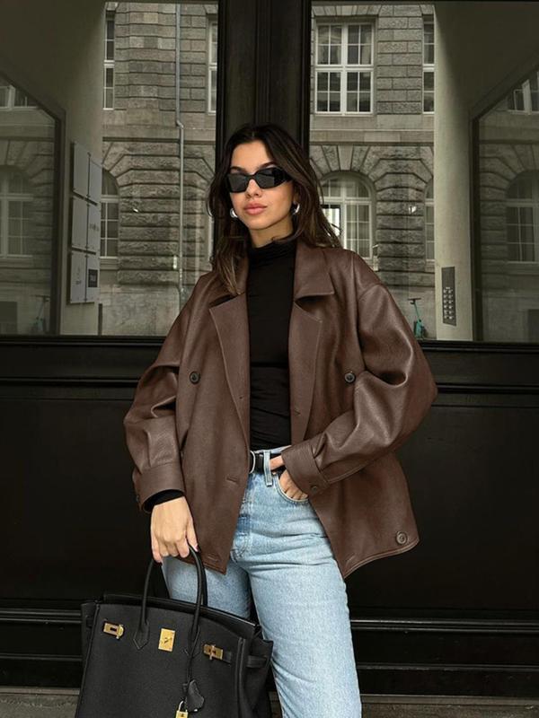 Women's Solid Double Button Pocket Lapel PU Leather Coat, Street Fashion Casual Drop Shoulder Long Sleeve Outerwear for Daily Outdoor Wear, Women Clothing for Fall & Winter