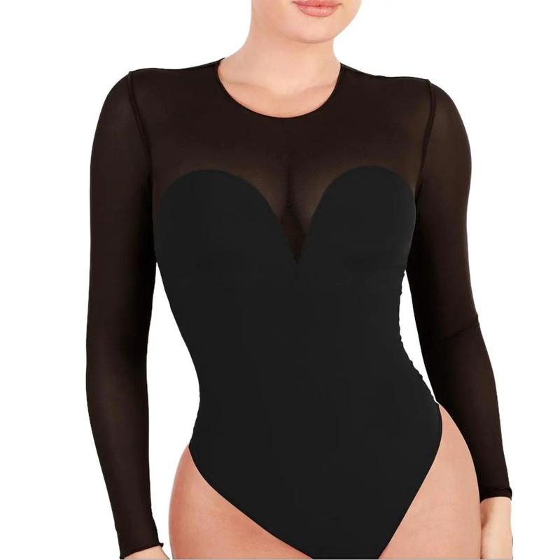 Popilush Sheer Mesh Long Sleeve Thong Shapewear Bodysuit PSA