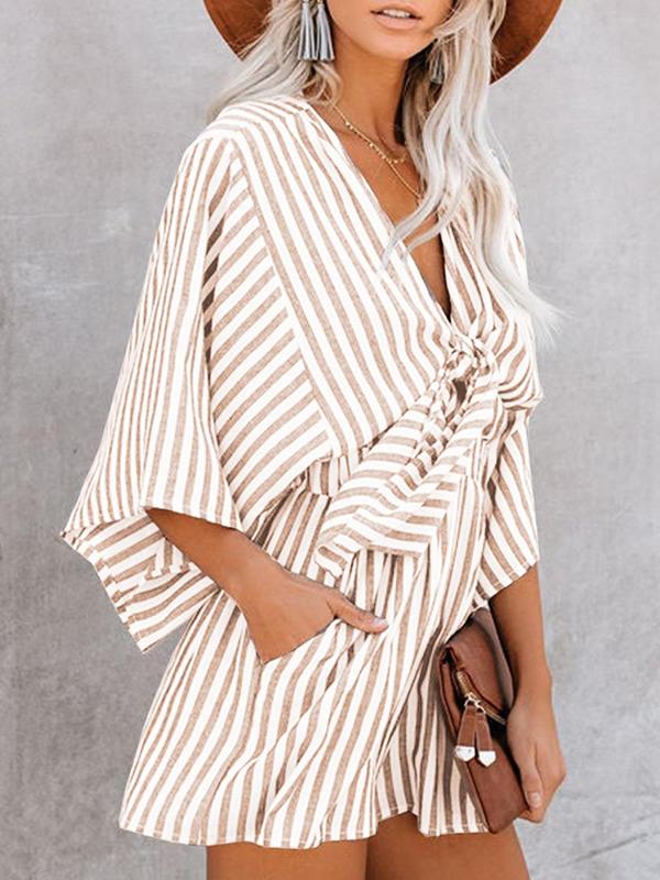 Women's Striped Print Knot Front Romper, Casual Batwing Sleeve Pocket Jumpsuit, Ladies Clothes for Summer Daily Wear Back to School