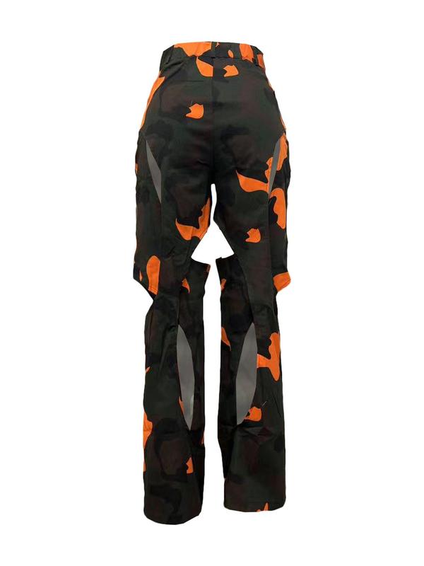 Women's Camo Print Cut Out Pocket Straight Leg Pants, Street Fashion Zipper Fly Button Trousers for Daily Wear, Ladies Clothes for All Seasons, 80s Fashion