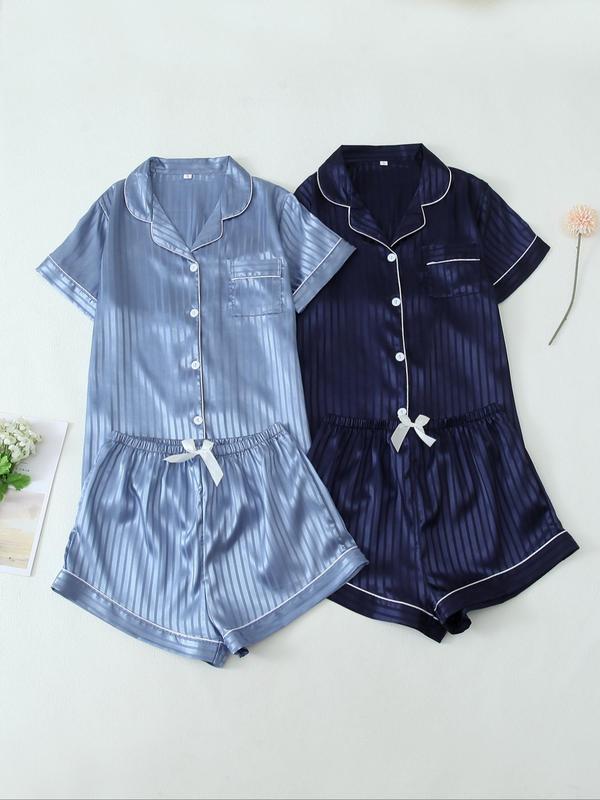 Four Pieces Women's Striped Jacquard Contrast Binding Satin Pyjama Set, Casual Pocket Button Lapel Shirt & Bow Decor Pj Shorts, Back To School Clothes, Fall Clothes, Ladies Sleepwear for All Seasons, Wear Para Brunch