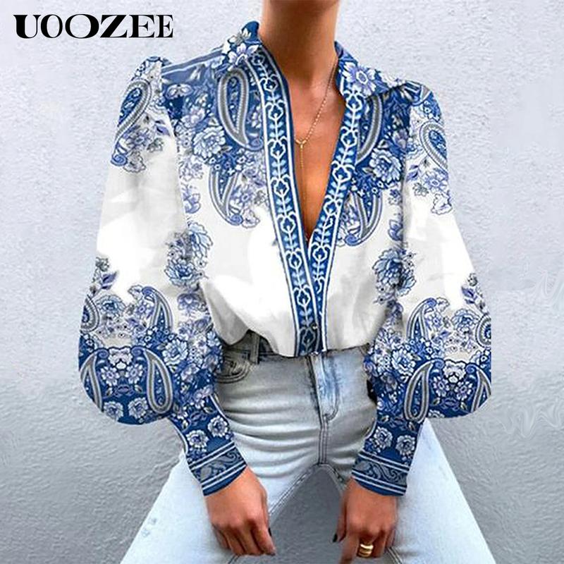 UOOZEE women's long-sleeved loose button floral print lapel shirt top, retro floral, fabric contains cotton and polyester, no stretch, daily comfort, strong sense of wear, lantern sleeves sleeve blouse Womenswear Underwear