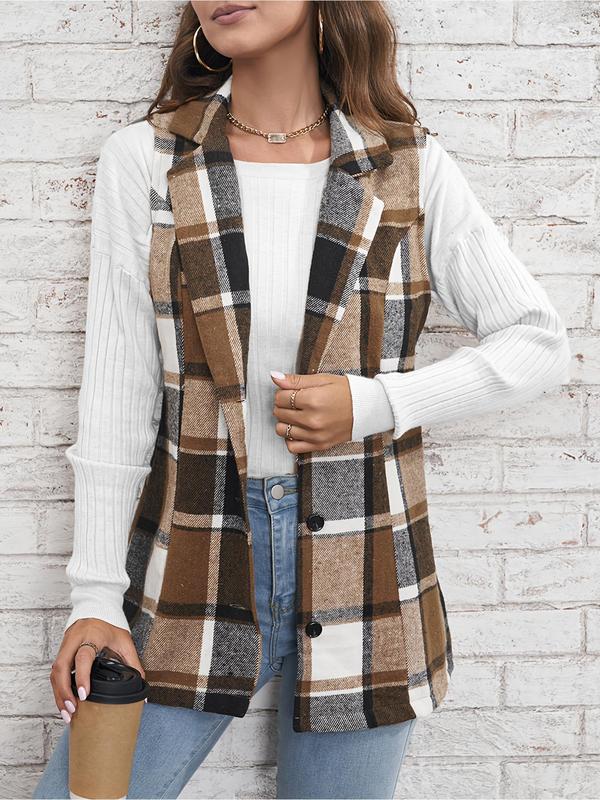 Women's Plaid Print Button Front Vest Coat, Elegant Womenswear Lapel Neck Sleeveless Outerwear, Comfortable Graphic Jackets, Lady Casual Wear Outfit, Winter Clothes Women